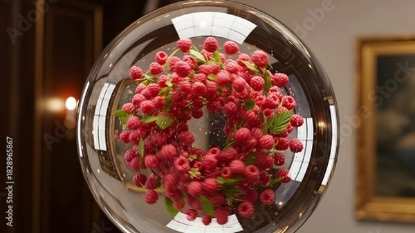 Fototapeta Decorative Glass Sphere Reflecting Raspberry Flower Arrangement in Elegant Interior