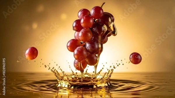 Fototapeta Grapes Splash in Golden Liquid with Honey Drizzle in Elegant Composition