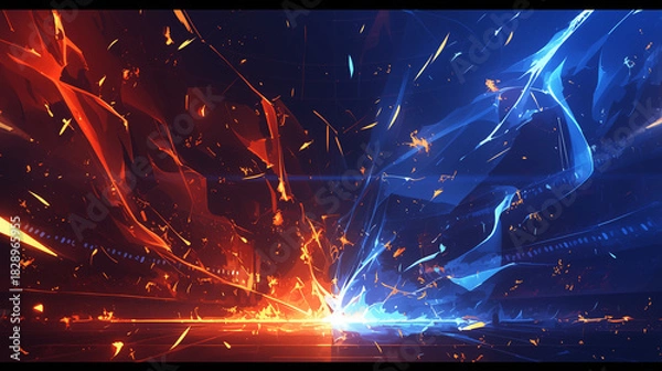 Fototapeta 赤と青のエネルギーが衝突する対決の背景、スタジアムの照明と稲妻のエフェクト