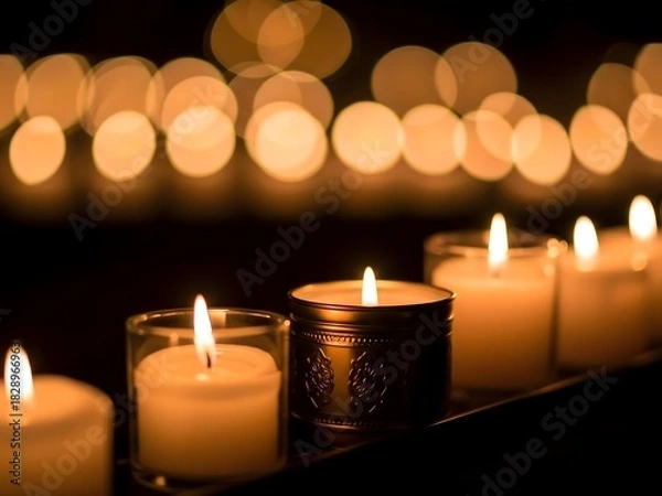 Fototapeta Row of Candles Burning in Dark Atmosphere with Warm Glow and Bokeh Lights for Cozy and Calm Mood