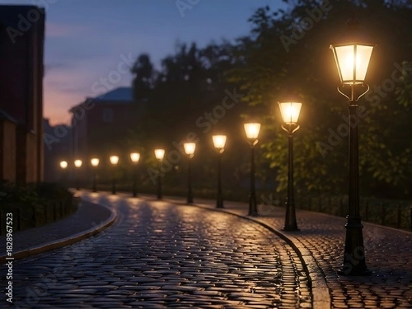 Fototapeta Night Street with Vintage Lamp Posts Illuminating Cobblestone Path in Evening Scene