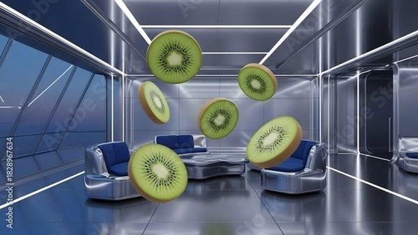 Fototapeta Futuristic Lounge with Floating Kiwi Slices in Metallic Room