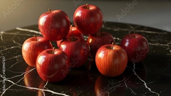 Fototapeta Red Apples on Black Marble Surface with Dramatic Lighting