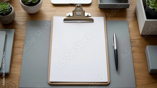 Fototapeta Clean workspace mockup for business documents or creative planning featuring a blank clipboard, pen, and modern desk accessories for presentations