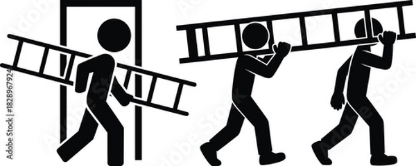 Fototapeta People carrying ladders icon set for construction or moving task