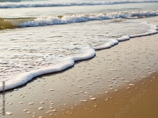 Fototapeta Serene Beach Scene with Gentle Waves and Foamy Shoreline in Soft Natural Light
