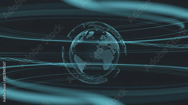 Fototapeta Dynamic global connection with flowing digital data streams for technology innovation and worldwide communications, a modern futuristic concept design