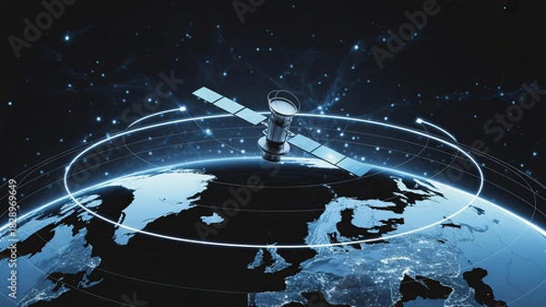 Fototapeta Satellite orbits earth delivering cutting edge global communications, connecting the world with futuristic technology and innovative networks