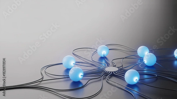 Fototapeta Network of glowing spheres connected by wires, representing interconnectedness, communication, and modern technology for innovative designs and creative projects