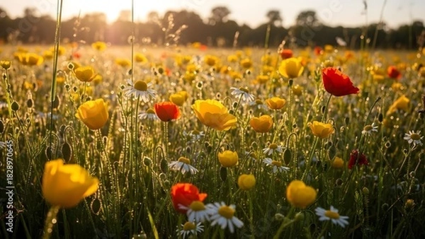 Fototapeta Bright Field of Yellow and Red Poppies and Daisies During Sunset in Summer