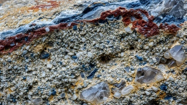 Fototapeta Close-up of Desert Sandstone with Multicolored Layers and Crystals