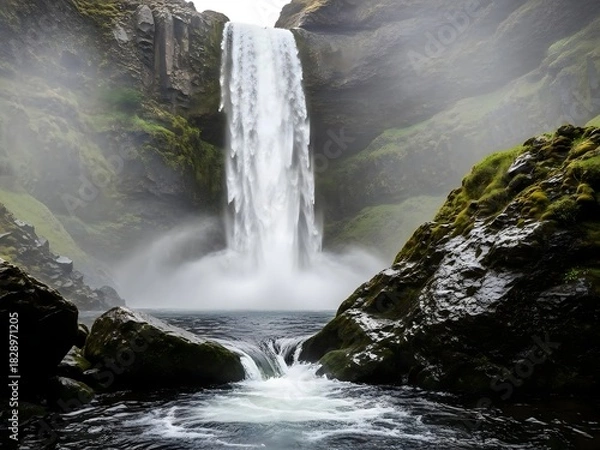 Fototapeta Majestic Waterfall Falling Into River Surrounded by Mossy Rocks and Green Cliffs in Natural Landscape