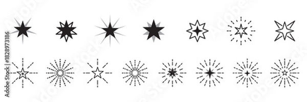 Obraz Thin-line starburst and sparkle outlines for shine effects, highlight accents, and decorative light graphics.