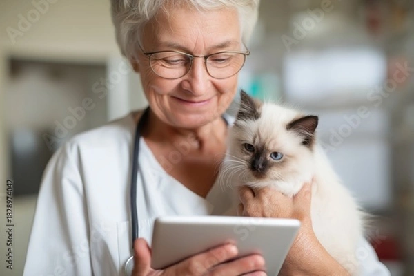 Obraz Senior Veterinarian Using Tablet for Consultation with a Himalayan Cat