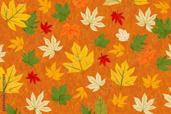 Fototapeta Autumn Leaves Falling on Textured Orange Background - Fall Foliage Pattern