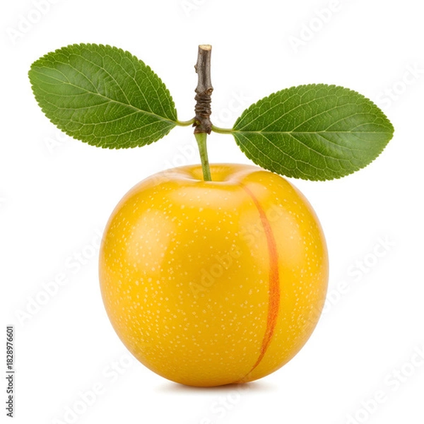 Obraz Ripe Yellow Plum with Green Leaves on White Background
