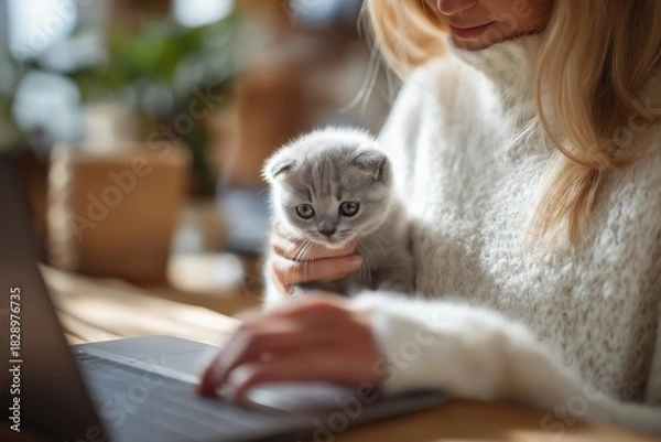 Obraz Woman Holding a Scottish Fold Kitten While Using a Laptop for Vet Advice