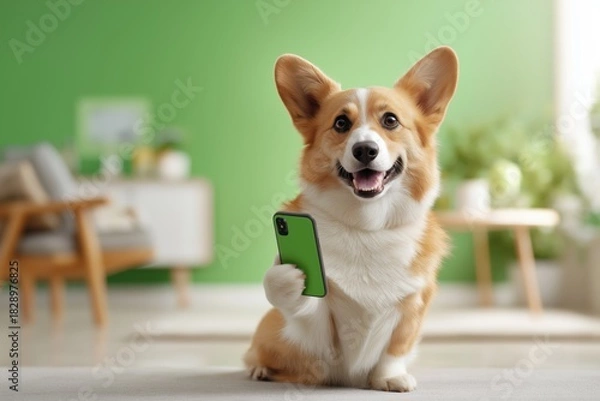 Obraz Happy Corgi Dog Holding a Smartphone for an Online Vet Call