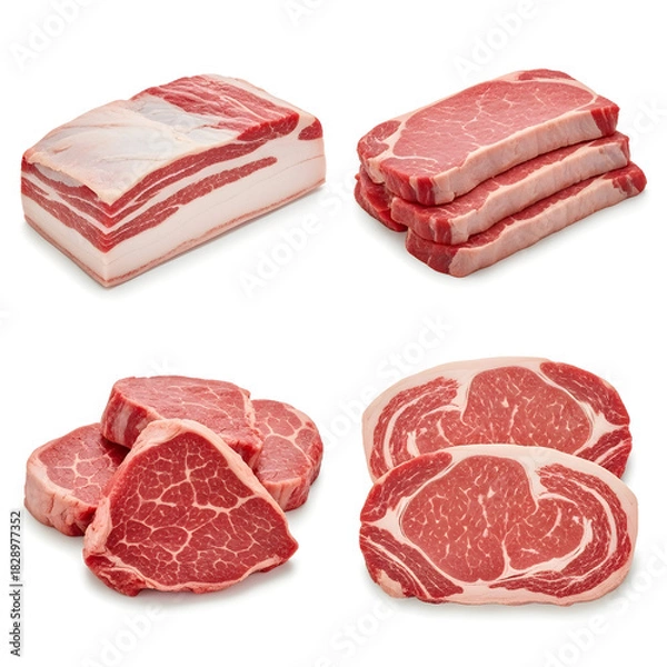 Obraz Assortment of Raw Meat Cuts on White Background