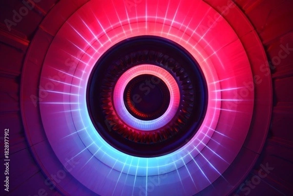 Fototapeta Abstract Staircase Spiral with Red and Blue Neon Lighting