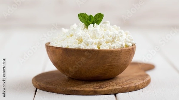 Obraz A close-up, high-resolution photograph of a wooden bowl filled with fresh, white cottage cheese
