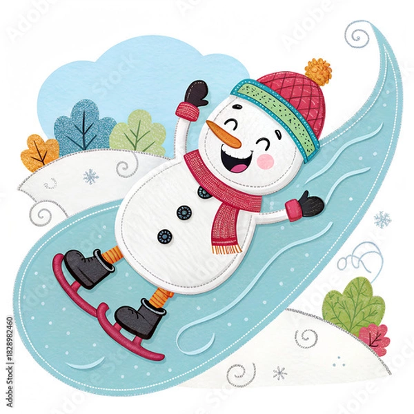 Fototapeta “Happy snowman sliding on ice, layered felt textures, embroidered sparkles, playful winter kids applique”
