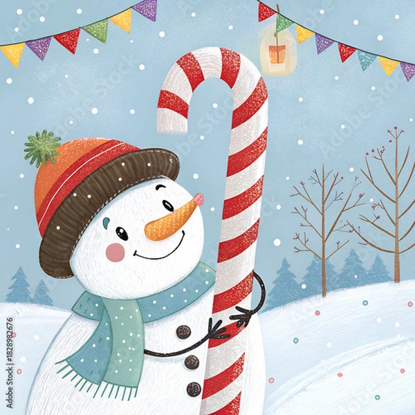 Fototapeta “Snowman peeking from behind a candy cane pole, patchwork textures, fun stitched details, child-friendly illustration”