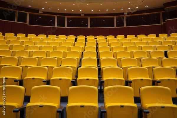 Fototapeta Rows of Yellow Auditorium Seating in Empty Theater
