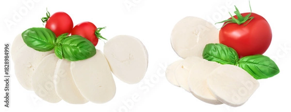 Obraz Mozzarella cheese sliced with basil leaf and tomato isolated on white background . Top view. Flat lay