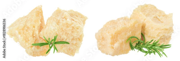 Obraz Pieces of parmesan cheese with rosemary isolated on white background. Top view. Flat lay