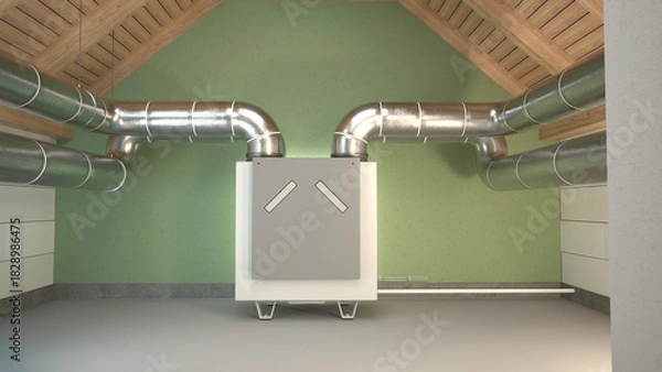 Fototapeta Air recuperator - attic ventilation system. 3D illustration
