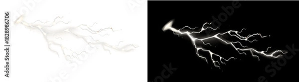 Fototapeta PNG image of Two lightning bolts strike across a showcasing the raw power and energy of nature's electrical storms in a dramatic display of light on transparent background