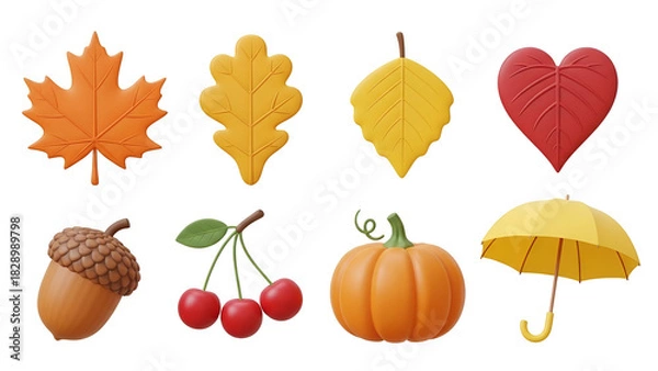Fototapeta Autumn elements isolated on transparent background, maple leaf, oak leaf, birch leaf, heart, acorn, cherry, pumpkin
