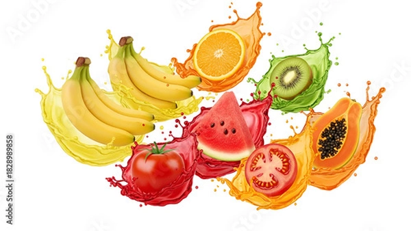 Fototapeta Colorful fruits with splash isolated on transparent background, a vibrant mix of freshness and flavor