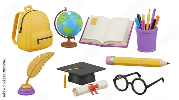 Fototapeta School supplies 3d render isolated on transparent background, backpack, globe, book, pencil, and graduation cap