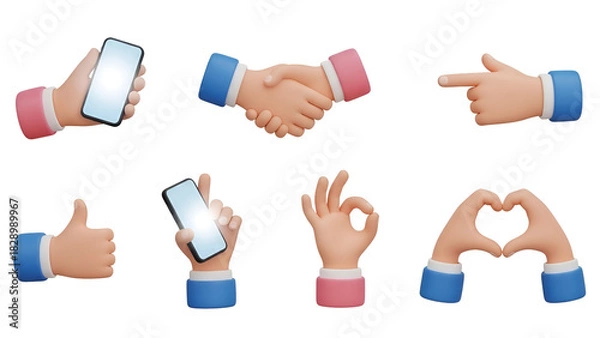 Fototapeta Set of 3d cartoon hands showing different gestures isolated on transparent background handshake, heart shape, ok sign