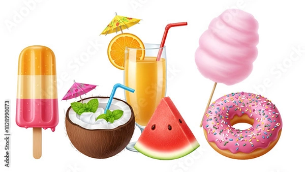 Fototapeta Summer sweets isolated on transparent background, including ice cream, coconut drink, juice, watermelon, donut, and cotton candy