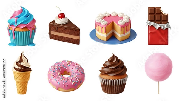 Fototapeta Assortment of colorful desserts isolated on transparent background, including cake, cupcake, donut, and ice cream