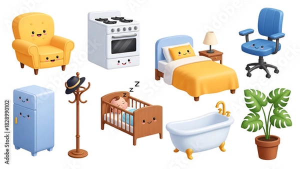Fototapeta Adorable cartoon furniture set isolated on transparent background featuring a variety of cute home objects