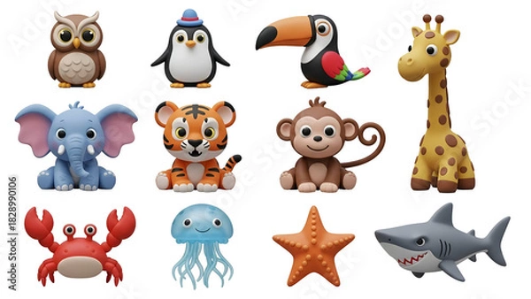 Fototapeta Collection of adorable cartoon animal figurines isolated on transparent background for kids and decoration