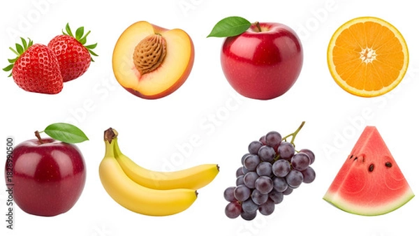 Fototapeta Fresh and colorful assortment of fruits isolated on transparent background, including strawberries, peach, apple, and orange