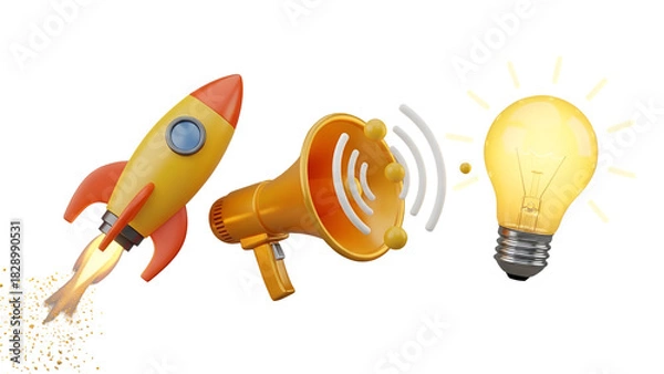 Fototapeta Rocket launch, megaphone sound, and light bulb isolated on transparent background creative idea concept