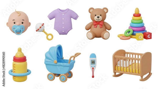 Fototapeta Baby toys and accessories isolated on transparent background for newborns and toddlers collection