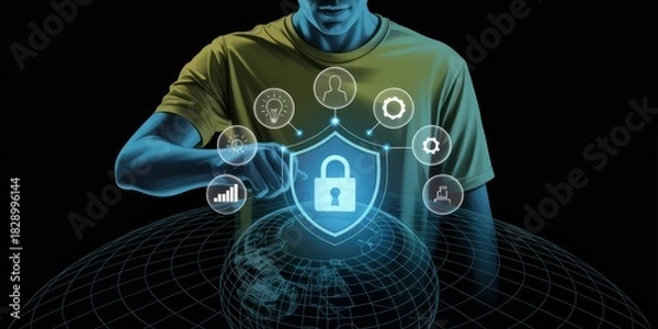 Fototapeta Cybersecurity Shield: A digital rendering captures a person safeguarding data, symbolized by a luminous shield, representing the vital protection of global information in the face of cyber threats.