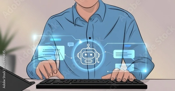 Fototapeta AI Assistance: A person interacts with an artificial intelligence interface, represented by a glowing chatbot icon, suggesting a focus on technological innovation and ease of use.