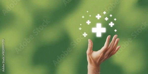 Fototapeta Hand Presenting Health Symbol: A hand gently presents a glowing health symbol, representing health, wellness, and care against a backdrop of natural green, illustrating concepts of health, well-being.