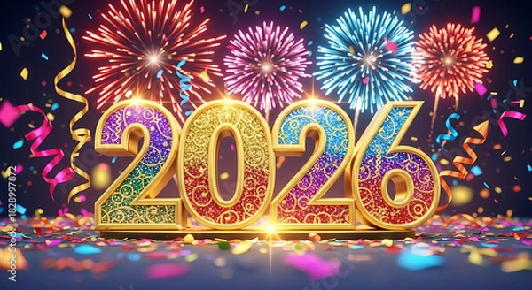 Obraz Glittery 2026 numbers with colorful fireworks and confetti celebration