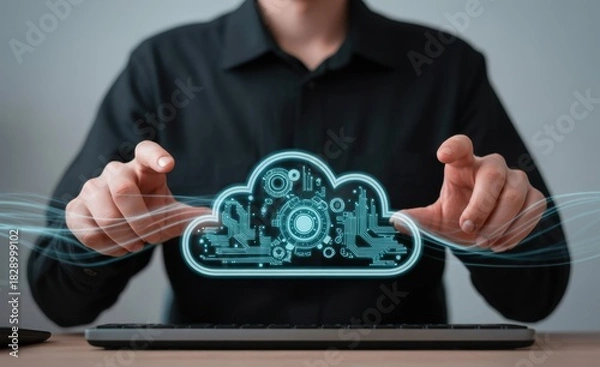 Fototapeta Cloud Computing: A person interacts with an ethereal cloud, representing the ever-evolving world of digital technology. This image illustrates the seamless integration of ideas and innovation.