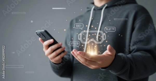 Fototapeta Immersive Reality: A person interacts with a futuristic digital interface, showcasing the captivating fusion of virtual and augmented reality via smartphone.