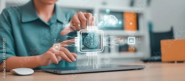 Fototapeta The future in your hand : A person interacting with futuristic interface, showcasing the concepts of artificial intelligence, innovation, and technological advancement.